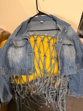 Cropped Blue Denim Jacket with Knot Fringe fits like an xl